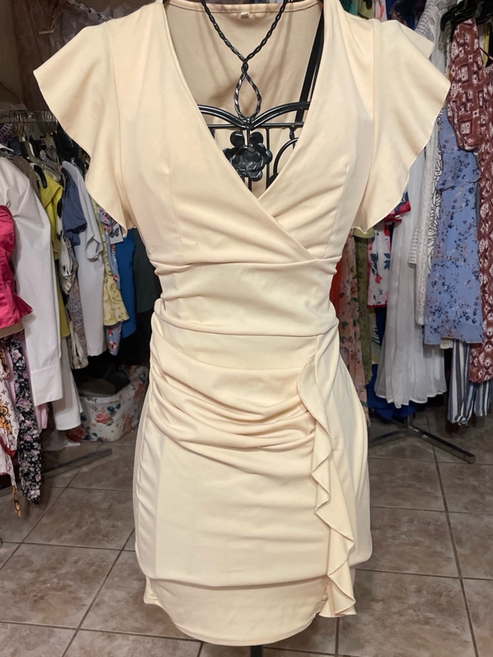Chiffon-Trim Cream Wrap Mini Dress
